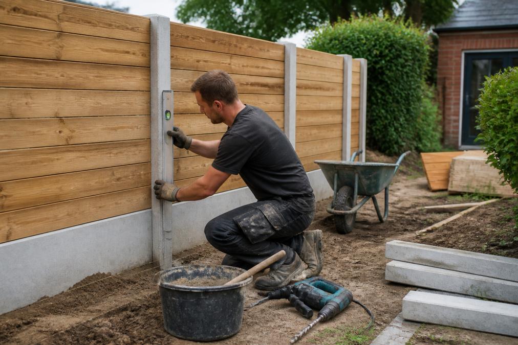 Vakman die betonpalen en houten schermen van hout-beton schutting installeert, met gereedschap en materialen zichtbaar, werkende in Nederlandse tuin