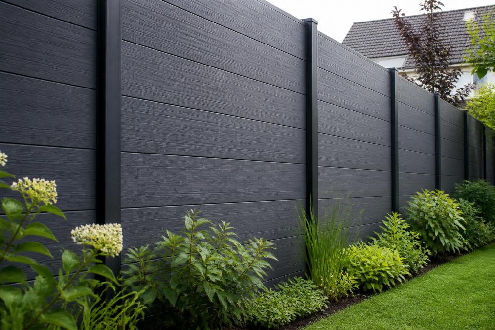 Close-up van moderne composiet tuinafscheidingsplanken in antraciet tint met natuurlijke houtnerf-textuur, geplaatst in een verzorgde tuin met groene borders aan de zijkanten