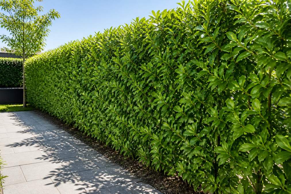 Dichte groenblijvende haag met volle begroeiing langs een erfafscheiding, zonnig weer met scherpe schaduwen van bladeren op de ondergrond