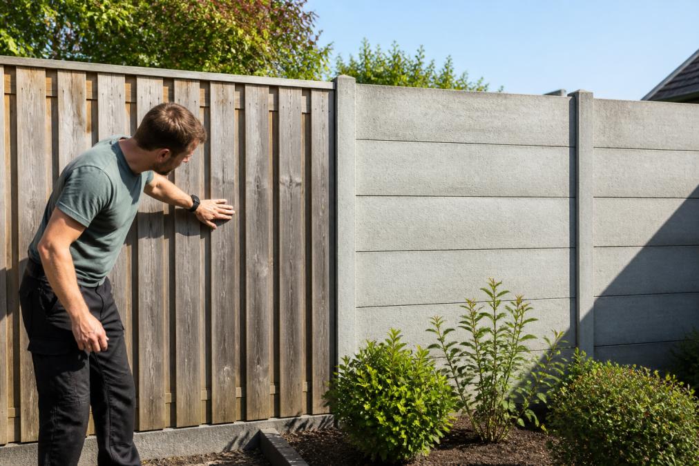 Huiseigenaar inspecteert een houten schutting met grijze verkleuringsplekken naast een betonnen schutting in volle zonlicht, beide in een moderne tuinomgeving