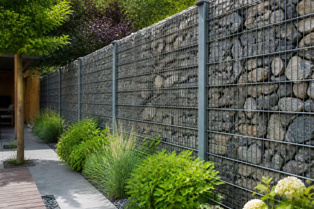 Close-up van een moderne schanskorven-afscheiding met natuurstenen vulling in een eigentijds tuinontwerp met groene beplanting eromheen