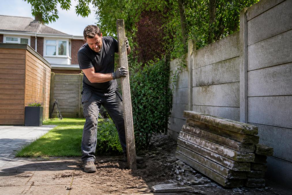 Vakman met gereedschap die een oude betonnen schuttingpaal uit de grond haalt, met stapels beton ernaast klaar voor afvoer, natuurlijk daglicht over een tuinscène