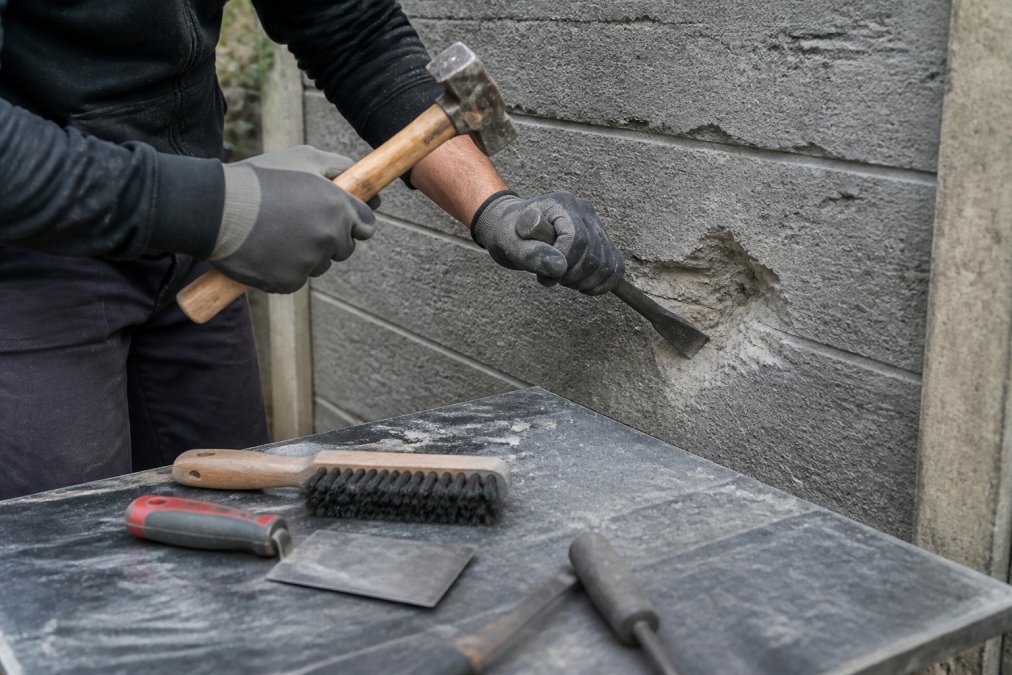 Handen van een vakman die voorzichtig losse betondeeltjes verwijdert met beitel en hamer van beschadigde schutting, werkgereedschap zichtbaar op werkblad