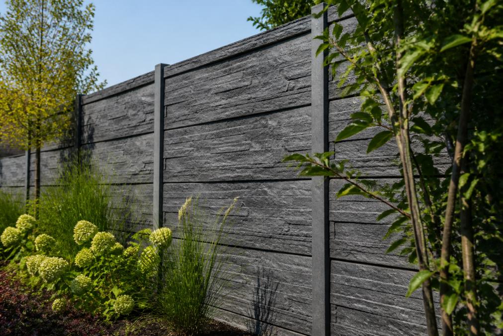 Close-up van een moderne grijze betonnen schutting met subtiel steenmotief, geplaatst in een zonnige tuin met groene beplanting aan beide zijden