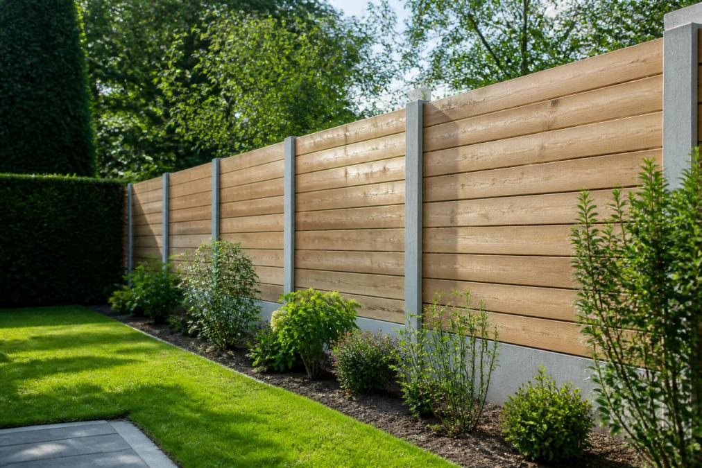 Hout-beton schutting in een groene tuinomgeving met houten tussenschermen tussen betonnen verticale palen, natuurlijk daglicht, met heesters aan de voet