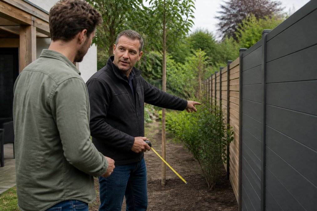 Professionele adviseur meet en bespreekt tuinindeling met huiseigenaar in hun achtertuin, beiden kijken naar de erfgrens terwijl ze de schuttingplaatsing bespreken
