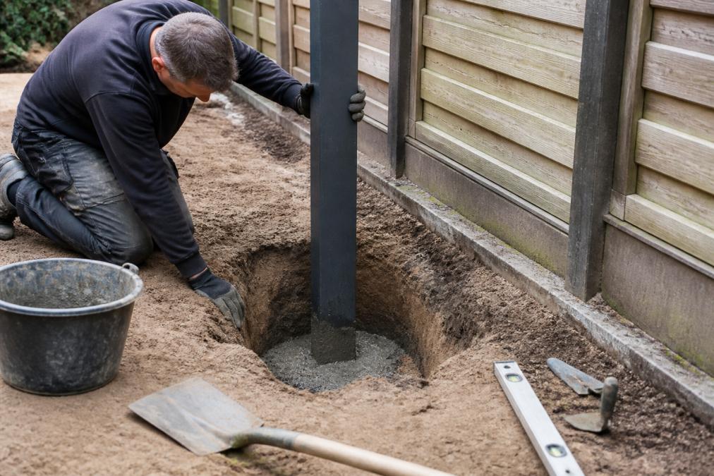 Vakman plaatst een schuttingpaal in een gat met snelbeton, waarbij de betonpoer duidelijk zichtbaar is en nog vochtiger lijkt, met gereedschap ernaast op de grond