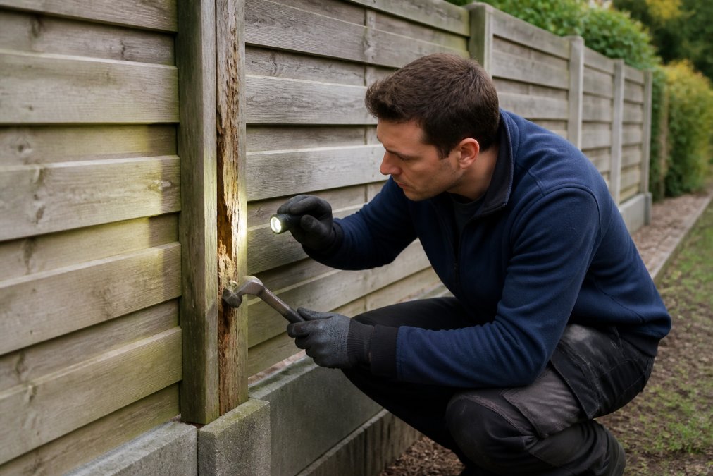Huiseigenaar inspecteert voorzichtig een houten schuttingpaal op houtrot en beschadigingen, met een inspectiehamer en zaklamp in hand, bij daglicht