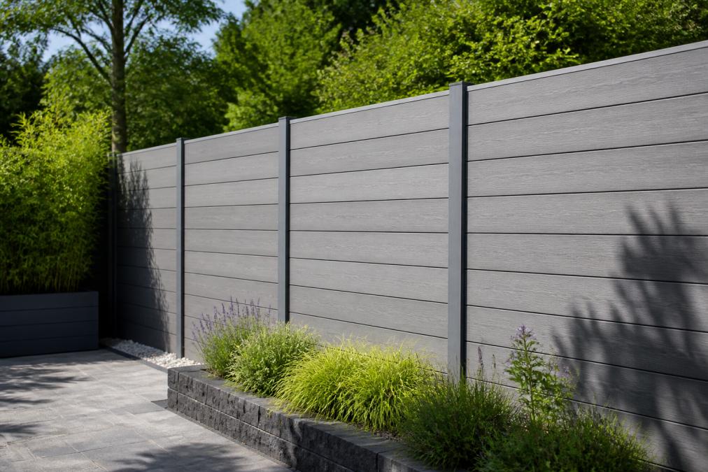Modern garden featuring a gray composite fence in pristine condition without visible damage or dirt, with sunlight casting shadows on the planks and lush green vegetation in the background