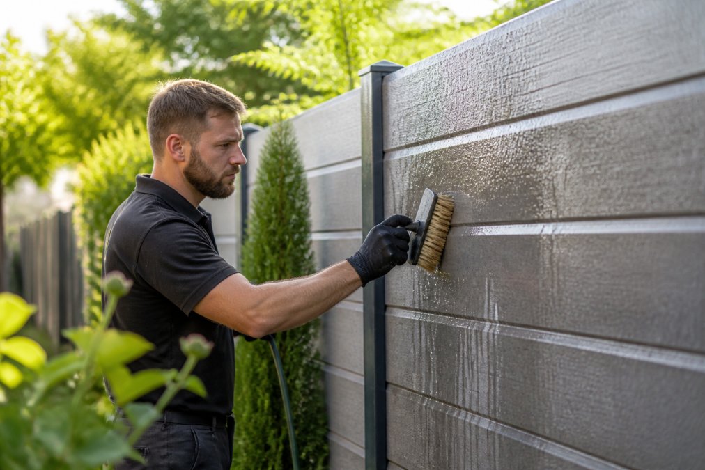 Close-up of someone gently cleaning a low-maintenance fence with a soft brush and water, with lush green garden vegetation visible in the soft background light